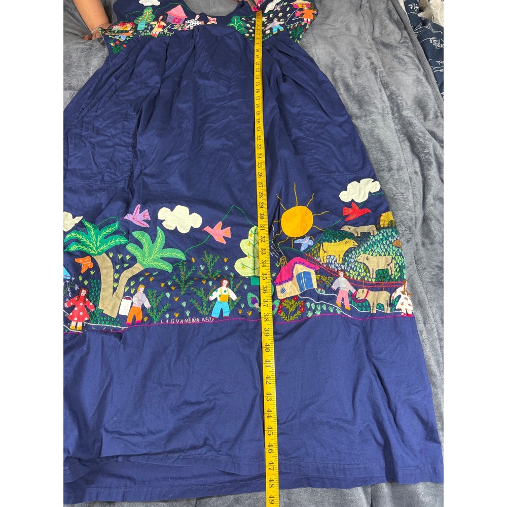 Handmade Colombia Navy Cotton Folk Art Embroidered Applique Maxi Dress Large - Picture 4 of 8